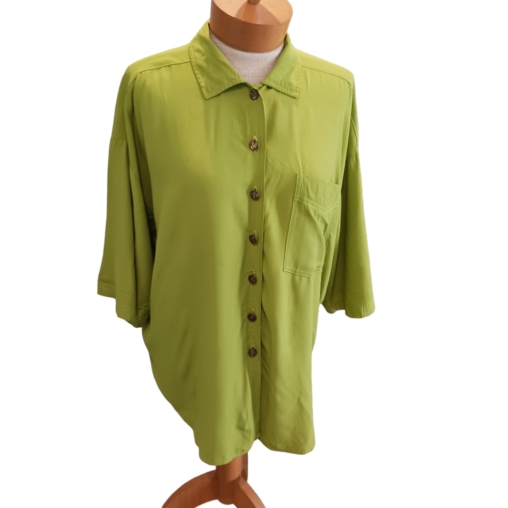 Penny Buttons Vintage New Editions Womens Down Short Sleeve Shirt Lime Green M/L